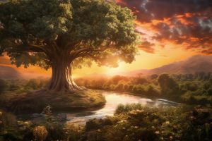 Garden of Eden at sunset with tree in the center