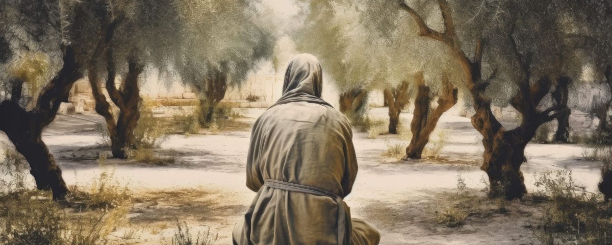 Jesus in agony praying in Gethsemane garden of olives before his crucifixion