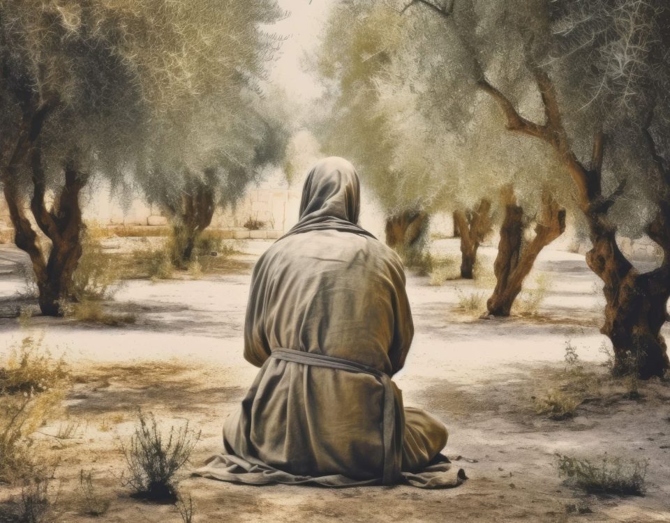 Jesus in agony praying in Gethsemane garden of olives before his crucifixion